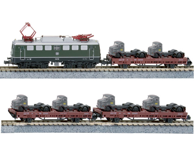 Hobbytrain Spur N 2818 E-Lok E 40 mit 3 Flachwagen mit 6 minis MB L 322