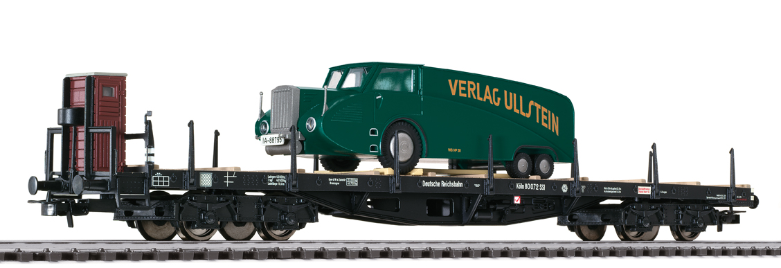 Liliput 235754 H0 Flachwagen mit Bremserhaus, Rumpler-LKW als Ladegut, DR, Ep.II