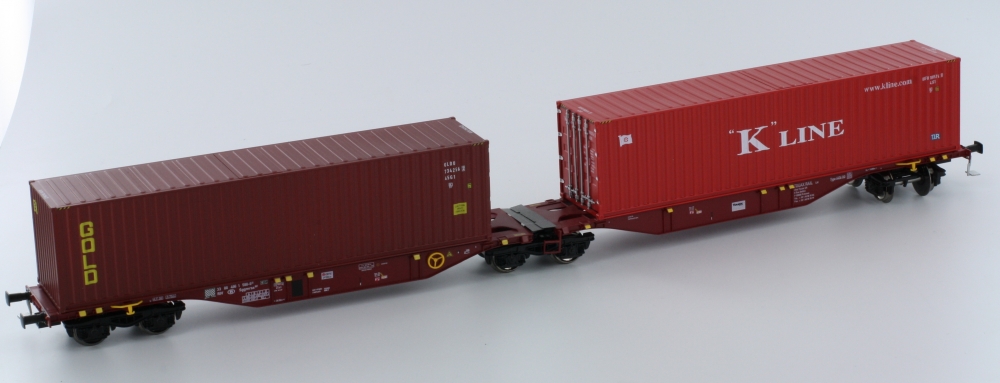 Mehano 58635 H0 Containertragwagen SGGMRSS 90' TOUAX braun mit 2x 40' K-Line / G